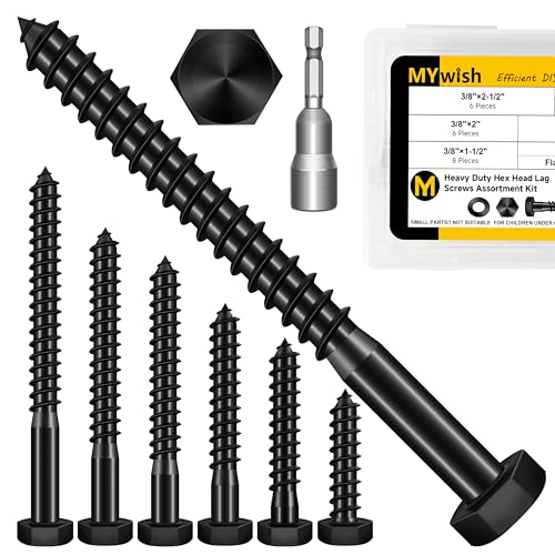Mywish (50Sets) 3/8" x 3" Lag Bolts & 60Pcs 3/8 Hex Head Lag Screws Assortment Kit, External Heavy Duty Lag Bolts with Flat Washers, 304 Stainless Steel Wood Screws 18-8, Black Oxided 3/8 Bolts