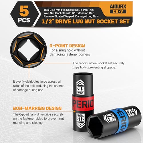 1/2" Drive Lug Nut Socket Set, 16.5-24.5 mm Flip Socket Set, 5 Pcs Thin Wall Nut Sockets with 3" Extension Bar, Remove Bloated Warped, Damaged Lug Nuts 5PCS：16.5MM-24.5MM