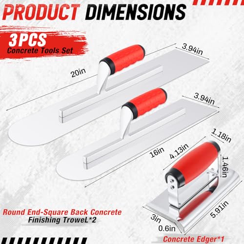 Large 20" & 16" Concrete Finishing Trowel Set, Stainless Steel Masonry & Plastering Finishing Trowels, Square & Round End Trowels with 6" x 3" 1/4" R Edger, DIY Patio, Driveway & Small Projects One Square, One Circle