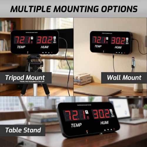 Digital Hygrometer Thermometer LED Display, -20~80°C / 0~100% RH, ±1°C Accuracy, Custom Alarms (6-120s), Table/Wall/Tripod Mount, Type-C, for Home, Office, Lab, Warehouse