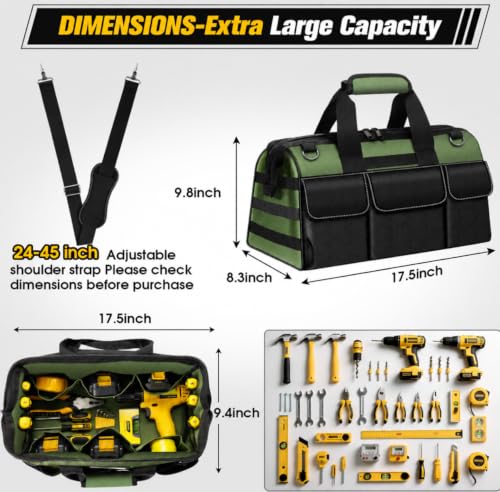 18-Inch Heavy Duty Tool Bag, 19-Pockets Tool Box Organizer, Portable Toolbag W/Soft Handle for Organized Storage, Mechanic Gifts for Men Dad Husband Fathers Day, Wide Mouth Electrician Toolbox, Green 18 Inch Handle