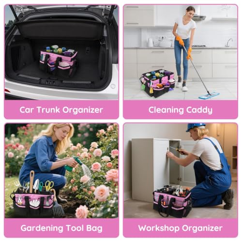 ZKOO Large Cleaning Caddy Bag with Handle, Built-in Sturdy Support Board, Adjustable Shoulder Strap, Multi-compartment Design Cleaning Supply Tote for Cleaners & Housekeepers (Pink) Pink
