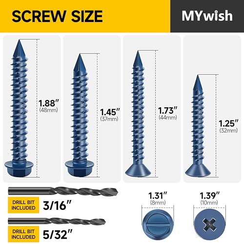 Mywish 200Pcs Concrete Screws Assortment Kit 1/4 3/16 & 190Pcs #8 Pocket Hole Screws, Wood Screws Assortment Kit, Self Tapping Pocket Screws, Block Brick Cement Screws and Anchors