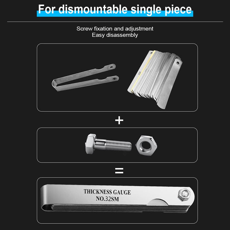 Feeler gauges, valve gauge, distance gauge, 32 blades, high-precision feeler gauge, stainless steel with dual marked metric and imperial gap measuring tool. 95*15*14MM