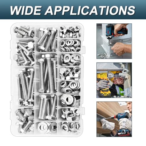 Stainless Steel Hex Head Nuts and Bolts Assortment Kit, 246PCS 1/4-20, 5/16-18, 3/8-16 Assorted Nuts Bolts and Flat & Spring Lock Washer with Box