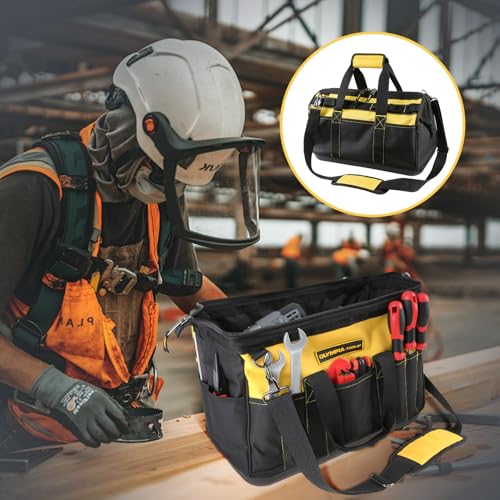 Olympia Tools 16 Inch Wide Mouth Tool Bag, Tool Tote with Water Proof Molded Base, Tool Bags for men with 21 Pockets and 7 Belt Loops, Padded Handle, Adjustable Shoulder Strap Standard