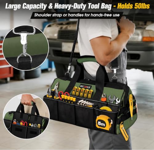 18-Inch Heavy Duty Tool Bag, 19-Pockets Tool Box Organizer, Portable Toolbag W/Soft Handle for Organized Storage, Mechanic Gifts for Men Dad Husband Fathers Day, Wide Mouth Electrician Toolbox, Green 18 Inch Handle