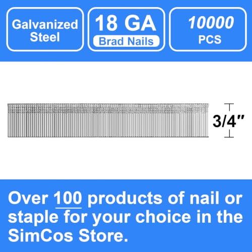 18 Gauge Brad Nails 10000-Pack 3/4" Galvanized 18 GA Nail Gun Nails or Small Finishing Nails for Pneumatic, Electric Brad Nailer 3/4 inch