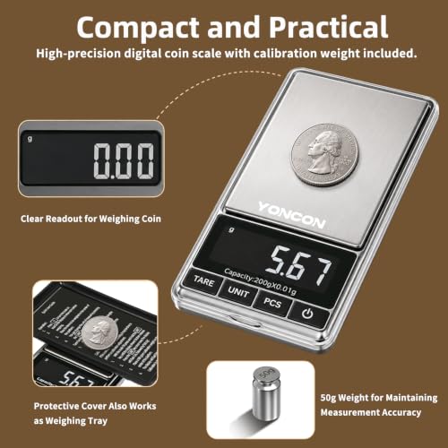 Digital Coin Scale, Gram Scale 0.01g Accuracy for Coin Collectors, Bank Tellers and Home Use, Ideal Scale for Gold and Jewelry, 200g Capacity with Calibration Weight