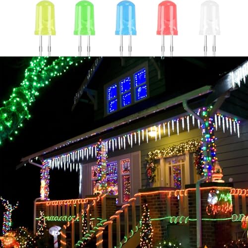 Pack of 100 LED Light Emitting Diodes 5mm LED Diodes | 3V, red, blue, yellow, green, white, round head, 2 pin, extra bright, diffuse, 5 colors, 20 pieces of each color