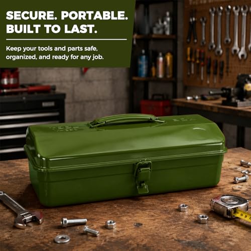 14.6" Metal Tool Box with Lock, Portable Steel Tool Storage Case with Handle, Hardware Organizer for Workshop Garage Car Repair (Green) Green