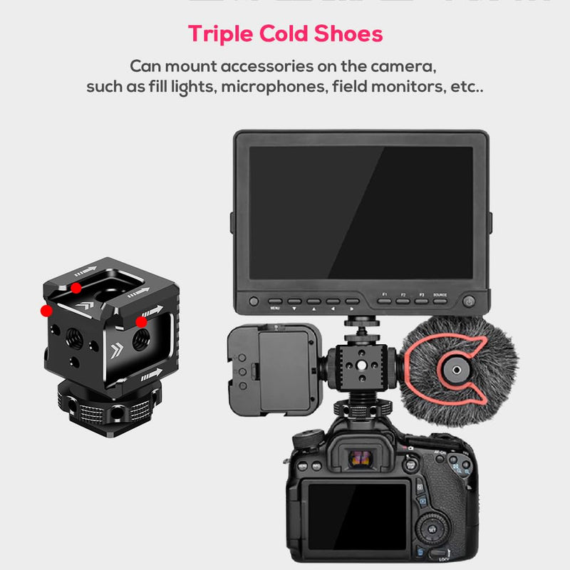 Triple Cold Shoe Mount Bracket, Camera Hot Shoe Mount Adapter with 1/4" Screw Holes for Flash Light Monitor Video Mic Compatible with Canon Nikon Camera Camcorder