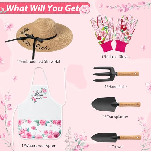 Mom Garden Tools Pink Hand Rake Transplanter Apron Trowel Straw Hat Planting Gloves Gardening Set with Box Outdoor Horticulture Starter for Best Mother in Law Plant Lover