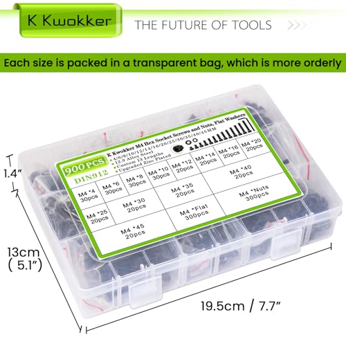 900PCS M4 Nuts and Bolts Assortment Kit 4mm-45mm, Upgraded Zinc Plated 12.9 Alloy Steel M4 Screw Assortment, Hex Socket Head Cap Machine Screws Bolts and Nuts Kit 4/6/8/10/12/14/16/20/25/30/35/40/45MM A.M4