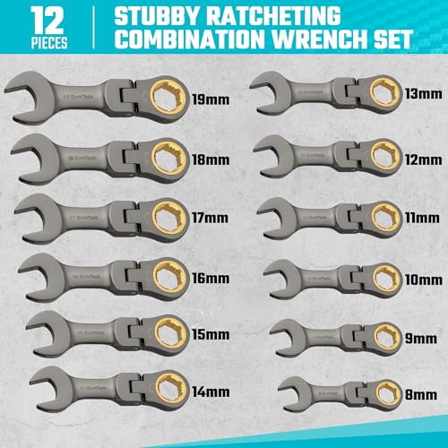 DURATECH 12-Piece Anti-Slip Stubby Flex-Head Ratcheting Wrench Set, Metric Nickel Plated