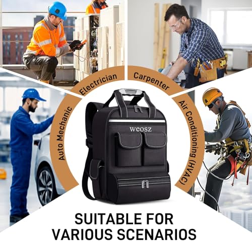 Tool Backpack for Men 18 Inch Heavy Duty Waterproof Multiple Pockets Tool Bag Organizer with Shoulder for Electrician Mechanics HVAC Engineer Black