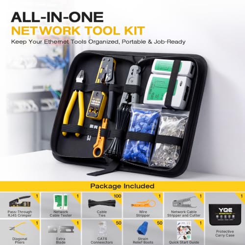 YQE RJ45 Crimp Tool Kit, Pass Through Ethernet Crimper, Crimping Tool, Network Tool Kit for Cat5, Cat5e, Cat6, RJ45, RJ11, RJ12 w/Carrying Case, Cable Tester, Stripper, Cutter, 50 Connectors & Boots 10 IN 1 Set
