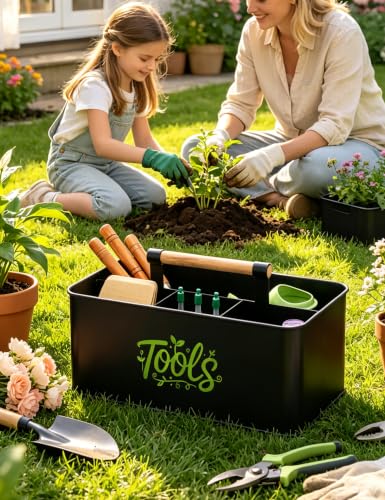 Gardening Tool Caddy, Wooden Handle and 4 Compartments Black
