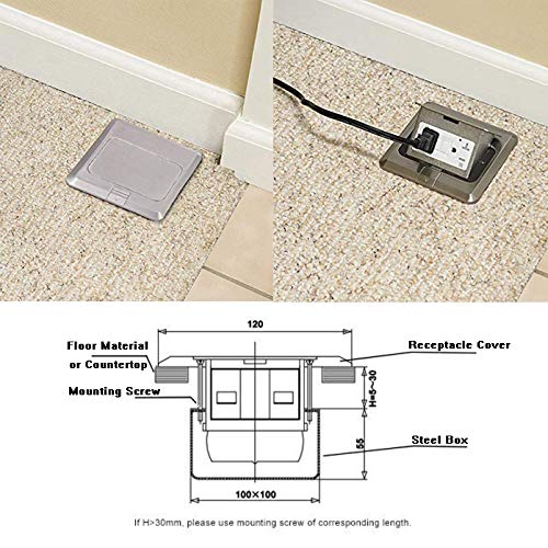 Pop Up Floor Electrical Outlet Kitchen Countertop Waterproof Sockets Pop Out Receptacle Stainless Steel Box Silver Cover with USB Chargers