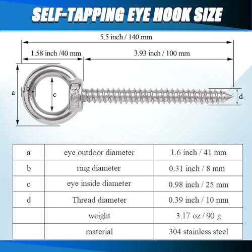 OHIYO 5 inch / 5.5 inch / 6.3 inch Heavy Duty Eye Hooks M10 Eyelet Screw Heavy Duty Screw in Eye Hooks for Hammock Stand, Swing Chair, Yoga, Heavy Indoor & Outdoor Uses (12 Pack)