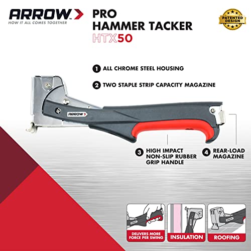 Arrow HTX50 Professional Heavy Duty Hammer Tacker, Manual Stapler for Construction and Insulation, Ergonomic Grip Handle, Dual-Capacity Rear-Load Magazine, Fits 5/16”, 3/8", or 1/2" Staples , Grey UNT