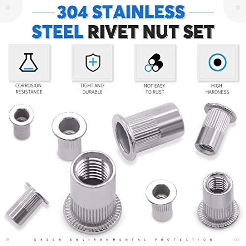 Glarks 180Pcs 304 Stainless Steel Flat Head Threaded Rivet Nut Assortment Kit +210Pcs Aluminum Alloy Flat Head Metric Threaded Rivetnut Insert Nutsert Rivet Nut Assortment Kit