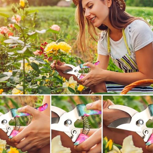 Garden Tools Set, JUMPHIGH 10 Pieces Gardening Tools with Floral Print, Ergonomic Handle Trowel Rake Weeder Pruner Shears Sprayer, Garden Hand Tools with Carrying Case Gardening Gifts for Women Father Purple