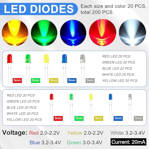 1628PCS Electronic Component Kit, 3mm and 5mm LED Lights Emitting Diodes Assortment Set Kit, Ceramic Capacitors, Resistor, Transistor, PCB Potentiometer 1628 PCS