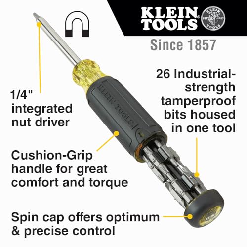 Klein Tools 32307 Multi-bit Tamperproof Screwdriver, 27-in-1 Tool with Torx, Hex, Torq and Spanner Bits with 1/4-Inch Nut Driver 27-in-1 Tamperproof