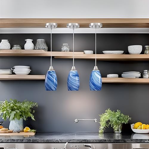 Mini Glass Pendant Light 1Pack Dark Blue Marble Art Glass Pendant Lights Kitchen Island Brushed Nickel Finish Hanging Light for Kitchen Over Sink,Dining Room,Foyer,Hallway 1-Pack