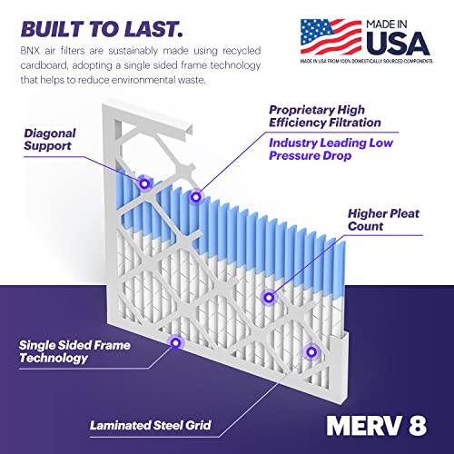 BNX TruFilter 16x25x1 Air Filter MERV 8 (6-Pack) - MADE IN USA – Dust & Pet Defense Electrostatic Pleated Air Conditioner HVAC AC Furnace Filters for Dust, Pet, Mold, Pollen MPR 600 – 700 & FPR 5 16x25x1 6-Pack
