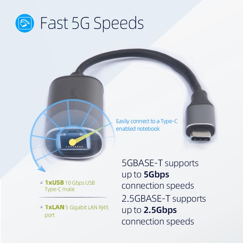 Kiwee Broadband USB C to Ethernet Adapter 5Gbps, Aluminum Thunderbolt 4/3, RJ45 LAN Network, Plug and Play, For MacBook Air/Pro, Dell XPS, iPhone 15, NAS, Windows Laptop, Chromebook, iPad Pro, Surface