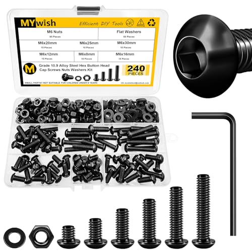 Mywish 900Pcs M3 M4 M5 M6 Metric Screw Assortment & 240 Pieces M6 Screw Nuts and Bolts Assortment Kit, Button Head Socket Cap Nuts and Bolts, Flat Washers with Hex Wrenches