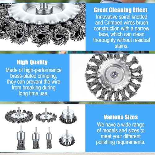 7 Pcs Twist Knot Wire Wheel Brush for Drill Crimped Cup Wire Wheels Brush Set for Drill with 1/4-Inch Shank for Heavy Duty Rust Removal, Corrosion, Paint Removal and Scrub Surfaces