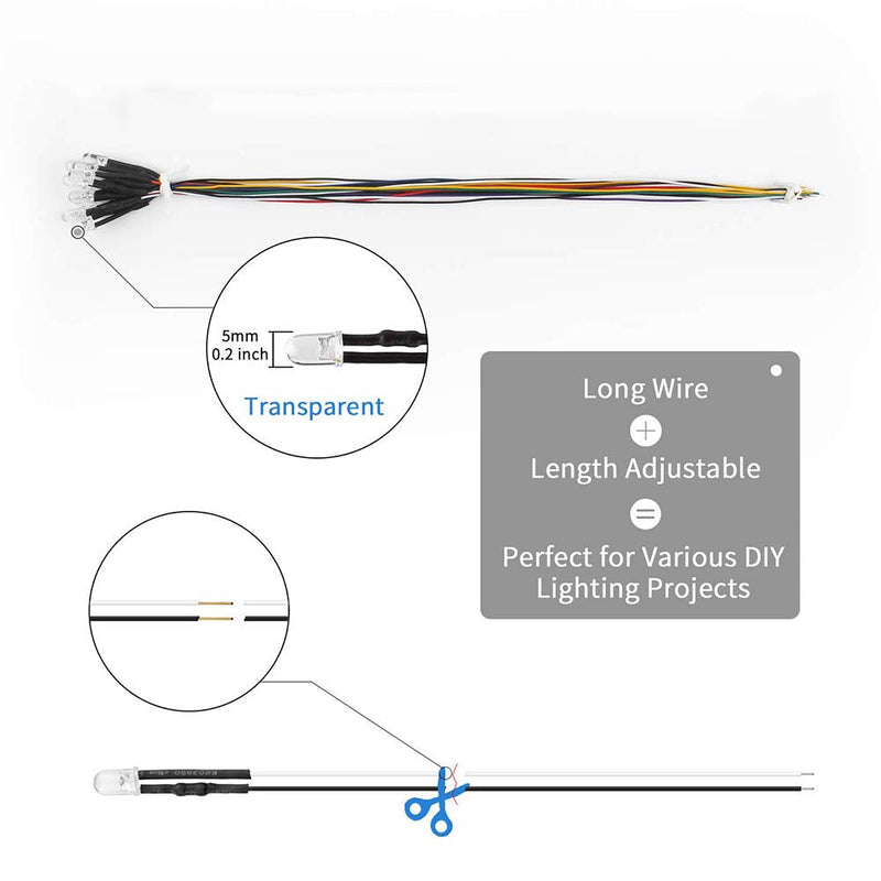 YIXISI 100 pieces pre-wired LED, diode light, 12V light, 5mm LEDs, 20cm (red, yellow, green, blue, white, 20 pieces each) multicolored - 100
