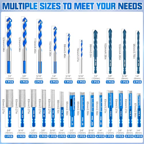 38 Pcs Diamond Drill Bits Set, Professional Concrete Drill Bit Set, Multiple Sizes Masonry Drill Bit Set, Industrial Strength Carbide Drill Bits Tip for Ceramic Glass Porcelain Tile Metal Plastic Wood 38 Pcs, Blue