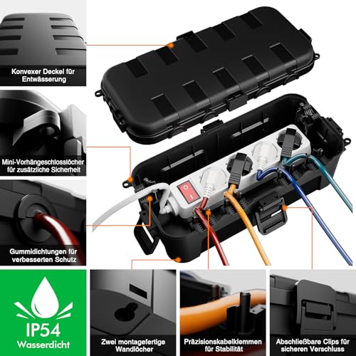 RESTMO Medium IP54 Cable Box, Waterproof, Weatherproof Cable Box, Outdoor | Ideal for protecting outdoor extension cables, power strips, outdoor sockets, angled plugs (29 x 13.2 x 10 cm), black 1 Stück