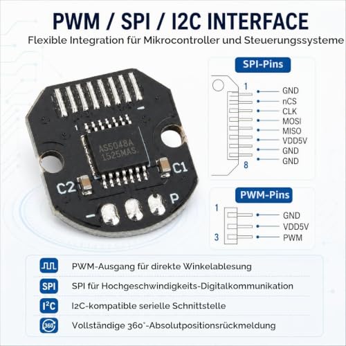 AS5048A Magnetic Encoder, 14-Bit AS5048A Magnetic Encoder with PWM SPI I2C Interface, 0.05° Angle Accuracy, High Precision Rotation Position Sensor Induction Angle Measuring Sensor Module