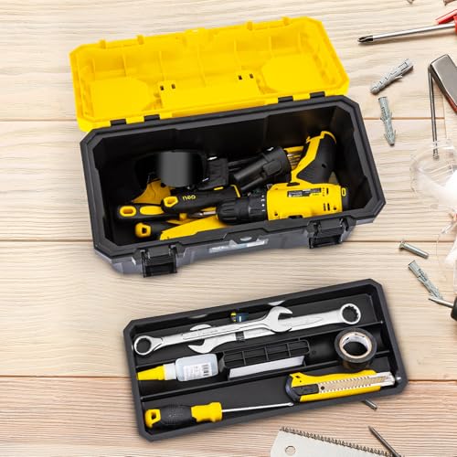16 Inch Tool Box with Lock, 2-Layer Heavy-Duty Organizer with Removable Tray, Liftable Lid for Small Parts, 25lb Capacity & Carry Handle for Tools, Camping, Medical Supply Storage 16”