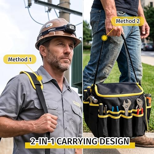 Heavy Duty Tool Bag with Multiple Pockets, 1680D Tear-Proof Tool Tote Organizer with Adjustable Shoulder Strap, Portable Toolbox for Men, Electrician, Father's Day Birthday Gift