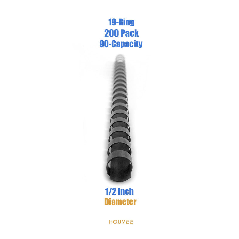 HOUYEE 1/2 Inch Plastic Binding Comb 19 Ring, 90 Sheet Capacity, Letter Size Black Comb Binding Spines (200 Pack) 1/2" ( 90 sheet capacity)