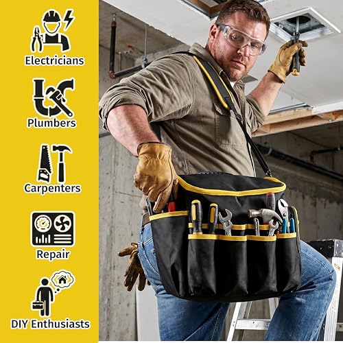 Heavy Duty Tool Bag with Multiple Pockets, 1680D Tear-Proof Tool Tote Organizer with Adjustable Shoulder Strap, Portable Toolbox for Men, Electrician, Father's Day Birthday Gift