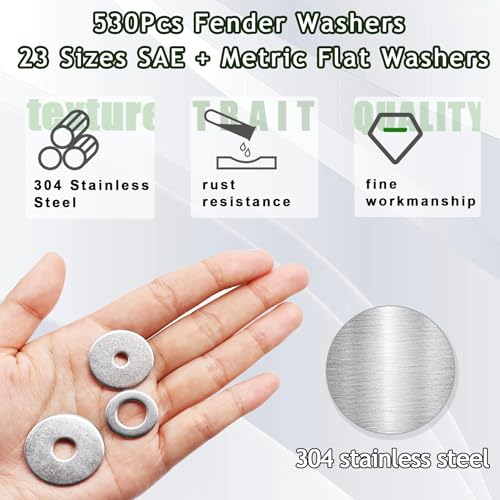 530Pcs Fender Washers for Screws and Bolts, 23 Sizes SAE & Metric Flat Assorted washers Kit,304 Stainless Steel Washers Set for Bolts (M3 M4 M5 M6 M8 M10 M12 6# 8# 10# 1/4 5/16 3/8 1/2) Metric &SAE-530PCS Flat Washers