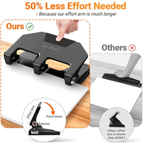 AFMAT 3 Hole Punch Heavy Duty, 9/32" Hole Diameter, 40-Sheet 3 Hole Puncher for Binder, 50% Reduced Effort, Metal Three Hole Punch w/ 10,000+ Uses, Bulit-in S.S. Paper Guide, Large Chip Tray, HPX3 Black 40-Sheet Capacity