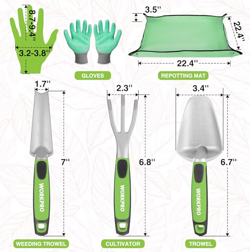 WORKPRO 5PCS Garden Tool Set with Hori Hori Garden Knife Set, Gardening Tool Set with Repotting Mat, 7" Stainless Steel Blade with Cutting Edge, Ideal Gardening Gift
