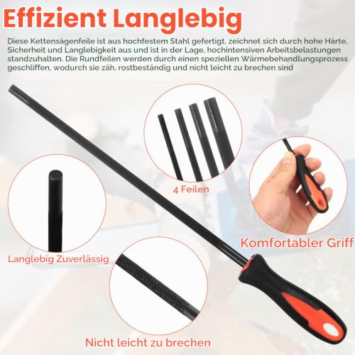 Set of 4 Files for Chainsaw File Set, 3.2 mm, 4.0 mm, 4.8 mm, 5.5 mm Round File Chainsaw Sharpening Files, Round Files for Chainsaw File, Chainsaw Files Set, Metal Saw Chain Files, with 1 Mandrel