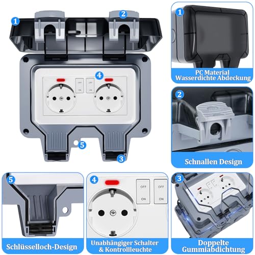 Outdoor Socket Waterproof 2-Way Outdoor Socket IP66 with Switch Indicator Light, Outdoor Socket Wall Socket Garden Socket with Lockable Hinged Lid for Garden Outdoor Wet Rooms 2-way external socket