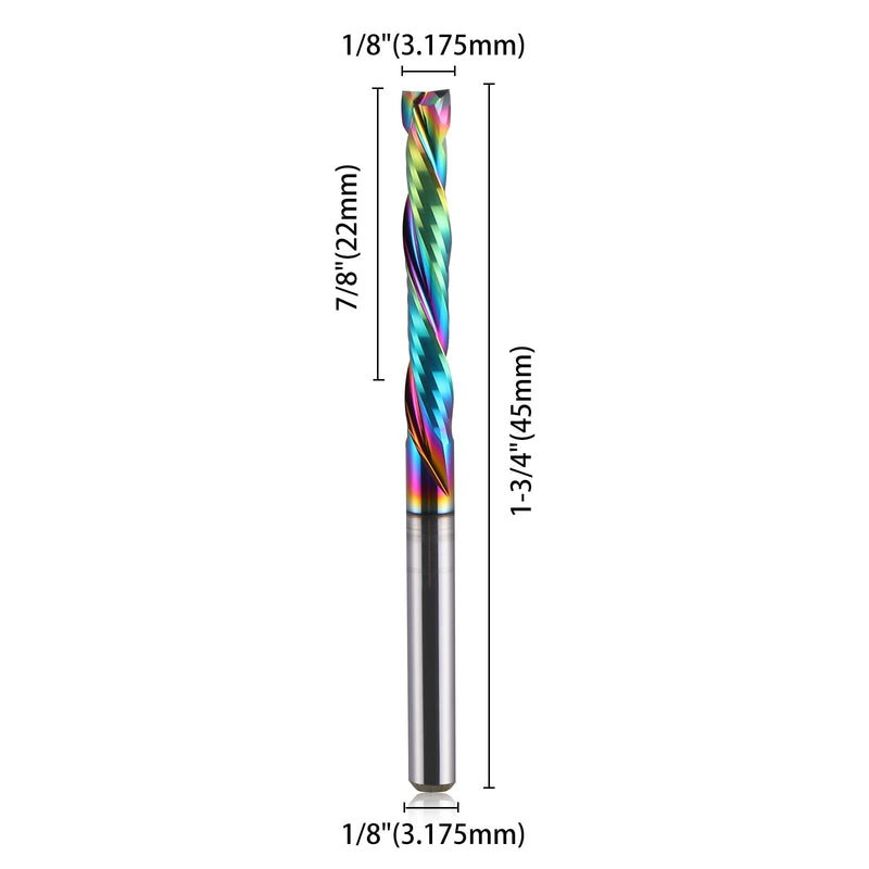 1/8 inch Shank Compression CNC Router Bits Spiral End Mill Wood Cutters 10 PCS, DLC Coating Compression CNC Spiral Bits 1/8 Cutting Dia, 22mm CEL, 2 Flutes Up &Down Cut Carbide End Mills