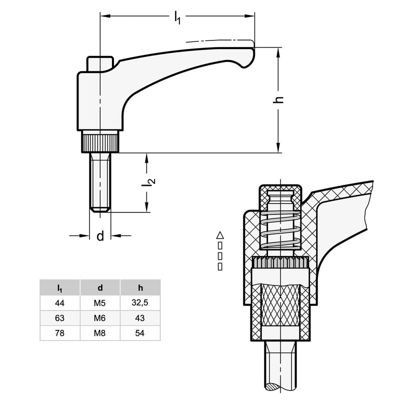 Ganter standard elements | Pack of 2 clamping levers plastic, screw steel | GN 603-78-M8-20-DSG | thread M8x20 M8x20
