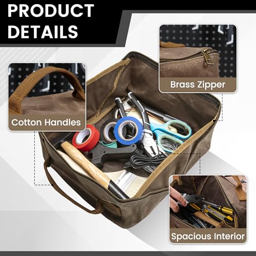 Heavy Duty Tool Storage Organizer, Tool Pouch with Metal Zipper + Handle, 16 OZ Waxed Canvas Tool Bag | 3-Pack | 9.5"L x 5.5"W x 5.5"H (Closed) - Grey 3-Piece